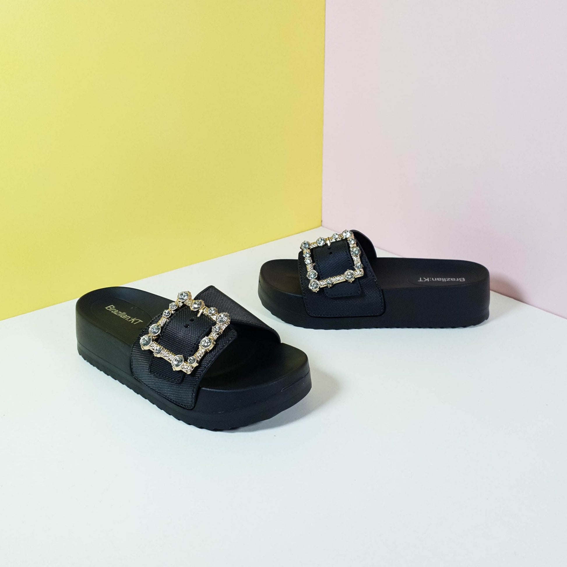 Chunky Sole Buckle Women Slippers Black - toastitoes 