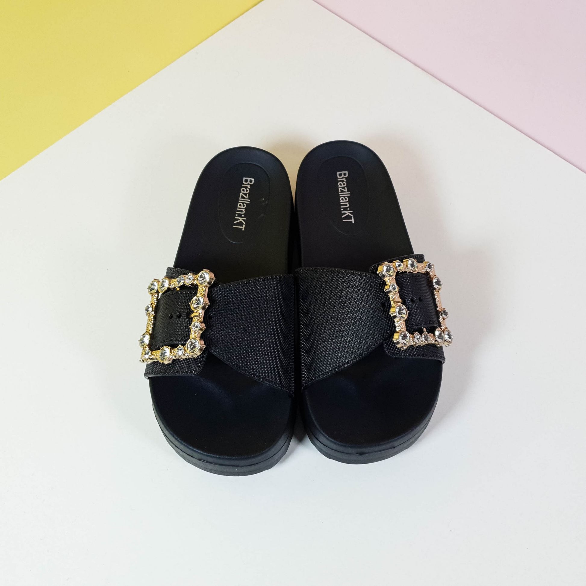 Chunky Sole Buckle Women Slippers Black - toastitoes 