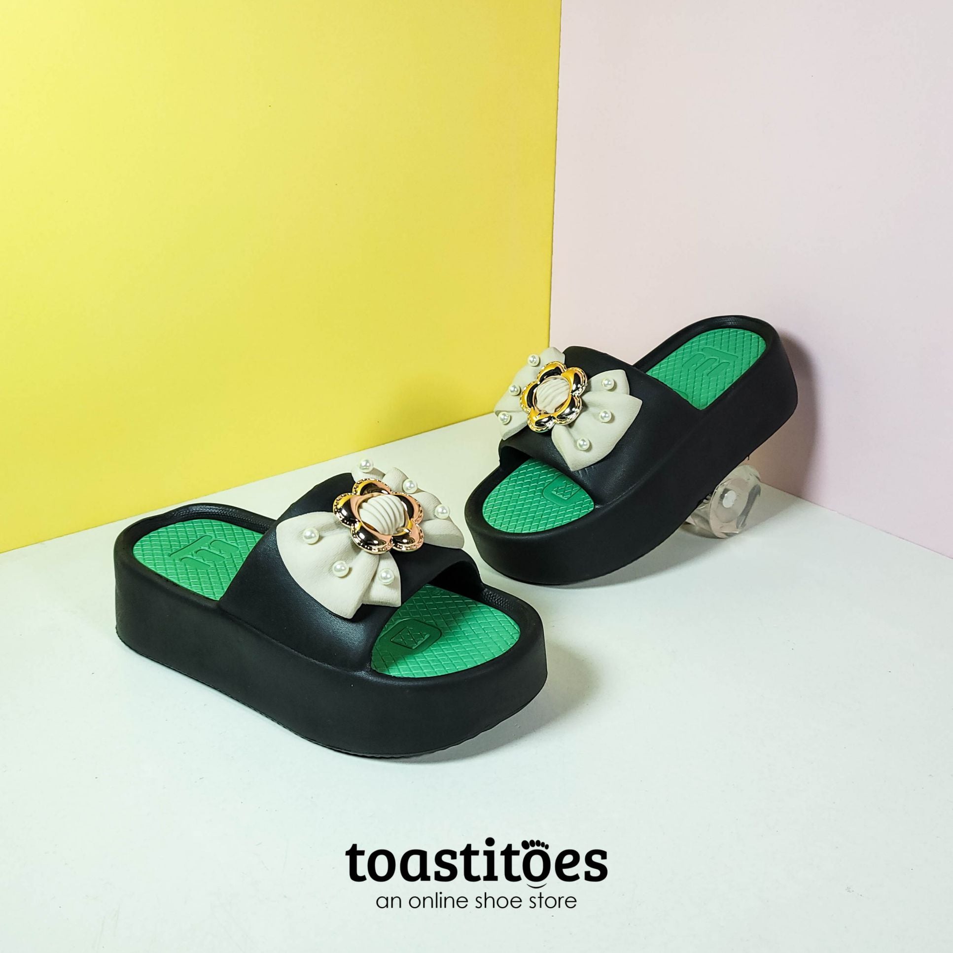 Chunky Sole Bow Women Slippers Green - toastitoes 