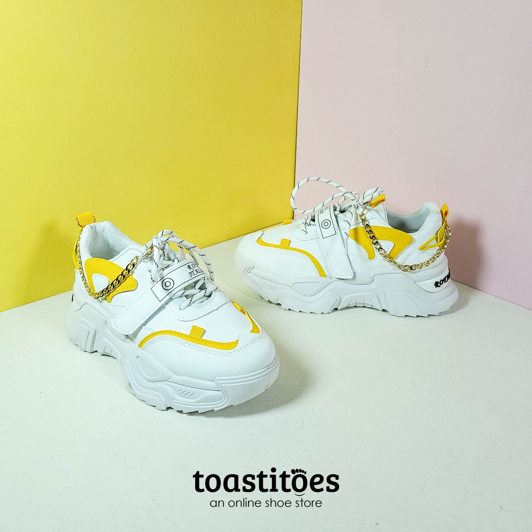 Thick Sole Women Sneakers White/Yellow - toastitoes 