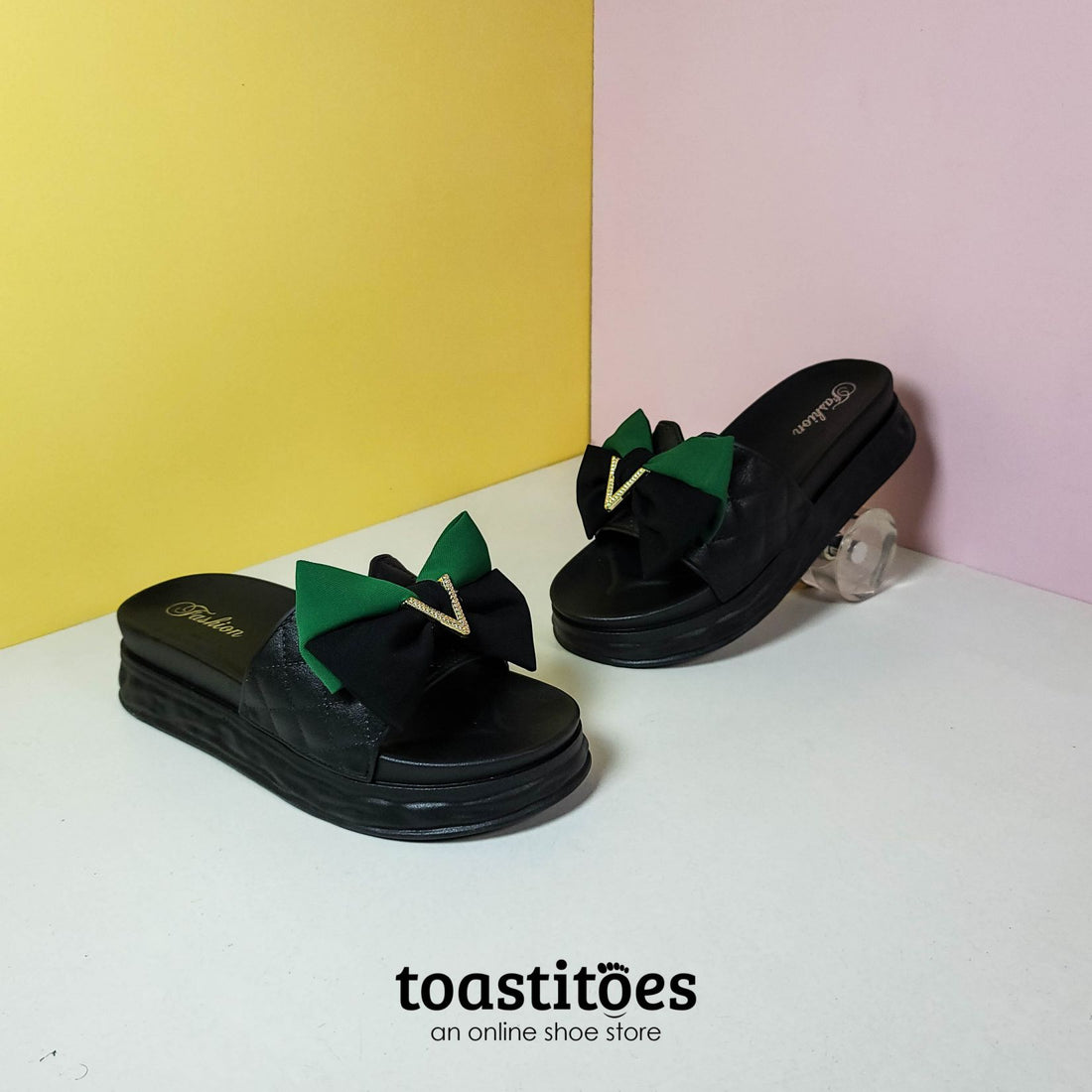 Thick Sole Bow Tie Women Slippers Black - toastitoes 