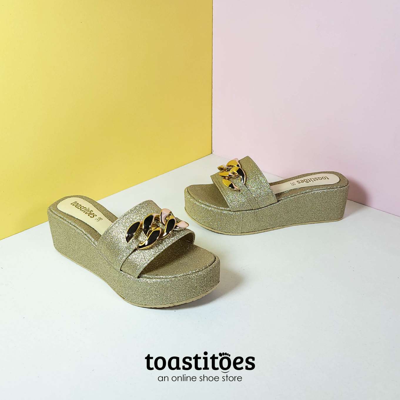 Shimmery Chunky Sole Buckle Slippers Gold - toastitoes 