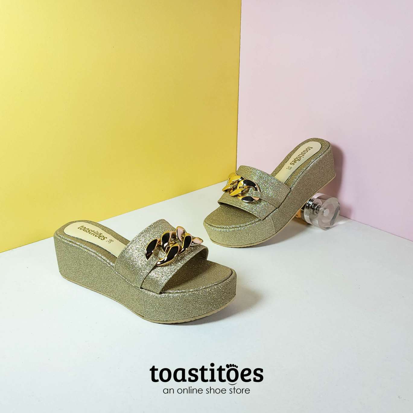 Shimmery Chunky Sole Buckle Slippers Gold - toastitoes 