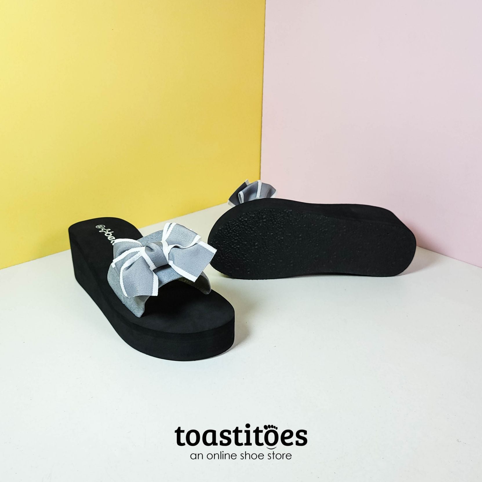 Chunky Sole Bow Tie Slippers Grey - toastitoes 